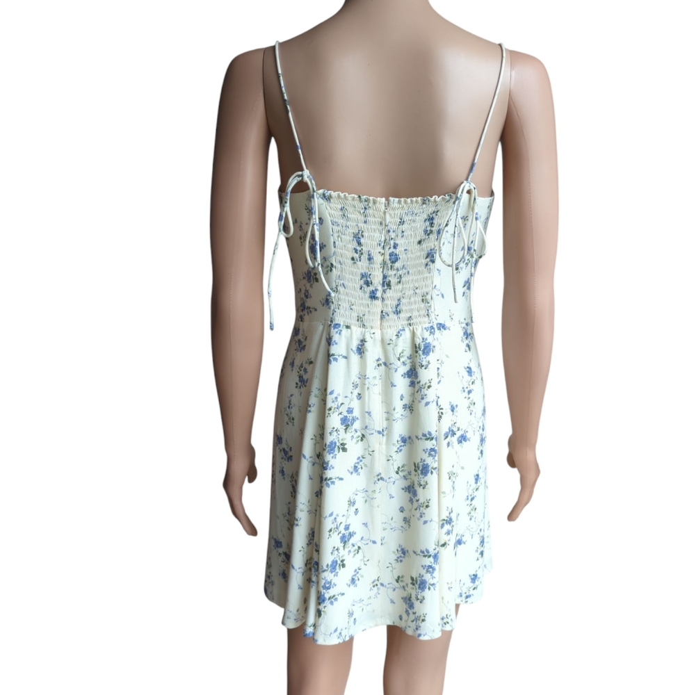 Reformation Saskia floral ivory dress Madeline print tie straps flare mini - Picture 8 of 12